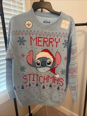Disney Light Blue Stitch 'Merry Stitch'mas' Light-Up Holiday Sweater NEW